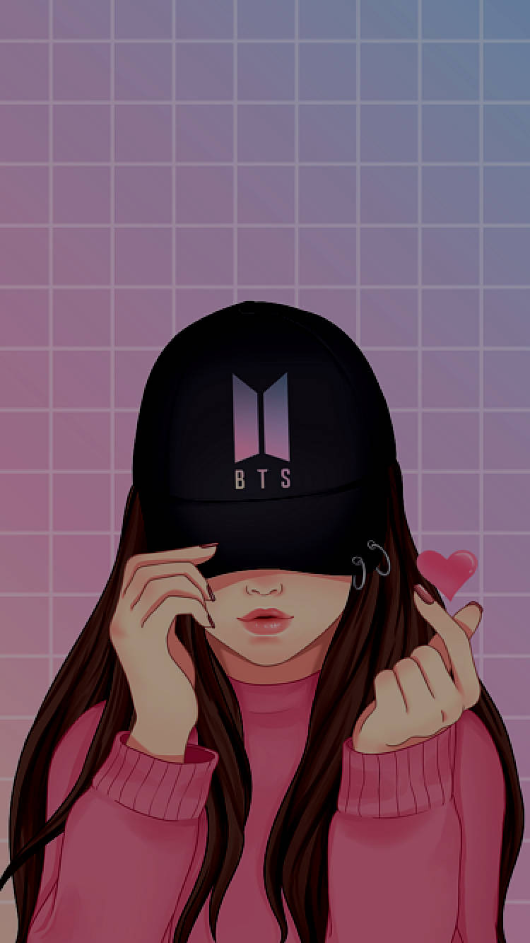 戴著BTS帽的女孩穿著粉紅色毛衣在紫色網格前做出心形手勢。 — BTS 防彈少年團 粉絲 女孩 GIF 壁紙