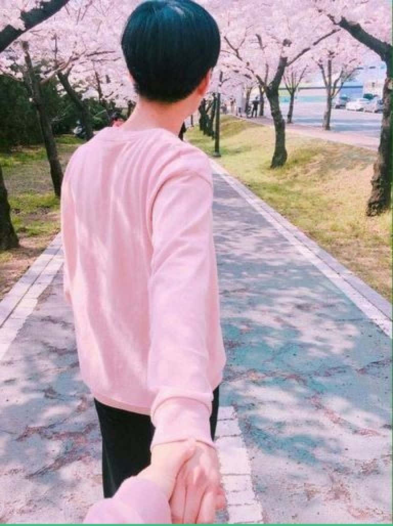 Couples 桌布 壁紙 — 一個穿著粉紅色毛衣的人手牽手走在一條開滿櫻花的路上。
