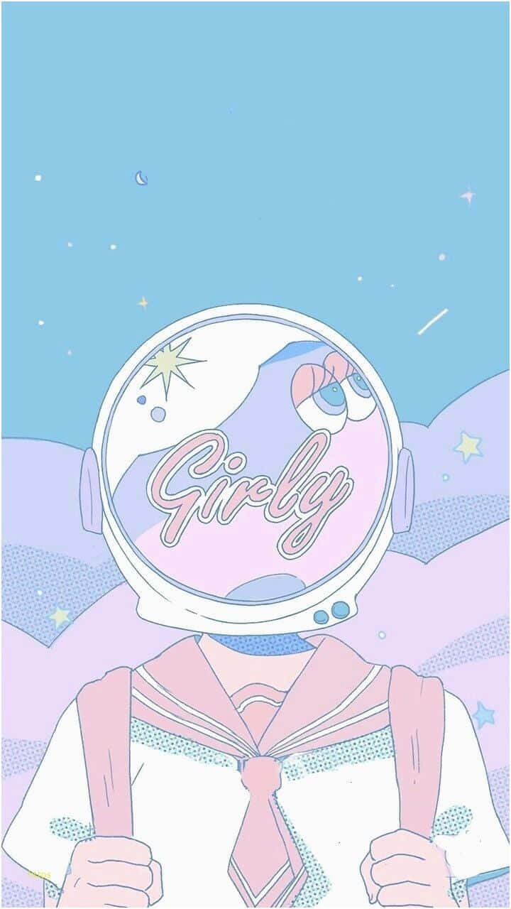 girly pink aesthetic 桌布 壁紙 — 一個穿著粉紅色水手服的可愛動漫女孩，戴著寫有「Girly」的太空人頭盔，背景是粉彩星空。