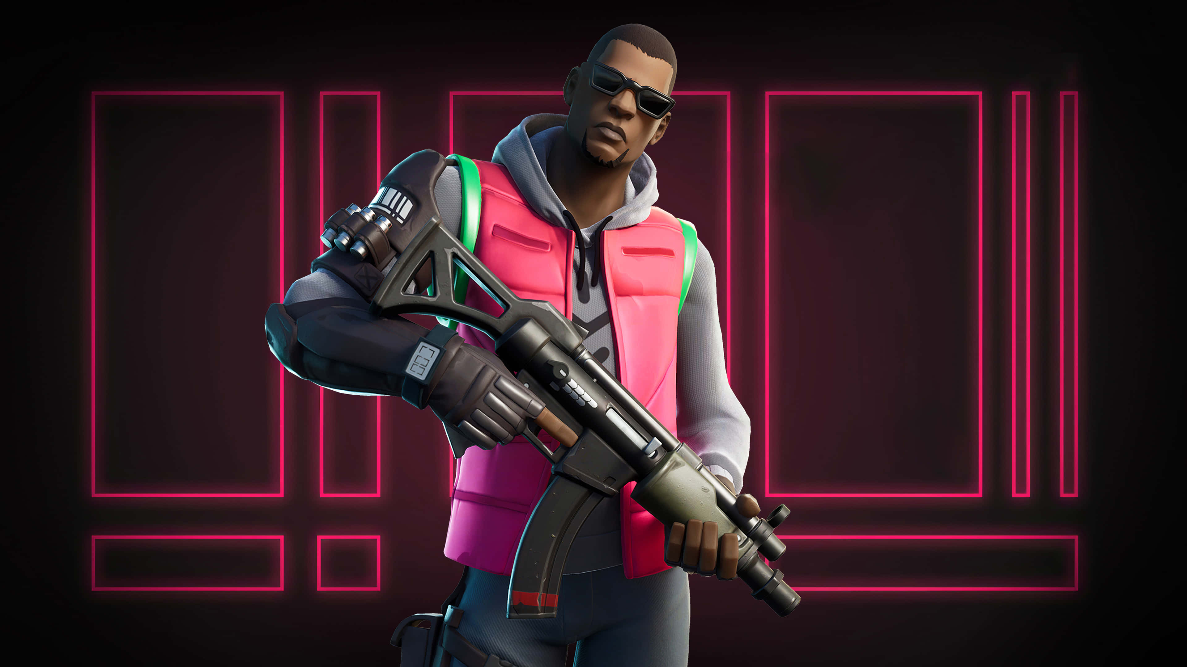 桌布 壁紙 — 一個穿著粉紅色背心和太陽眼鏡的Fortnite角色，在發光的粉紅色霓虹網格背景前拿著步槍。