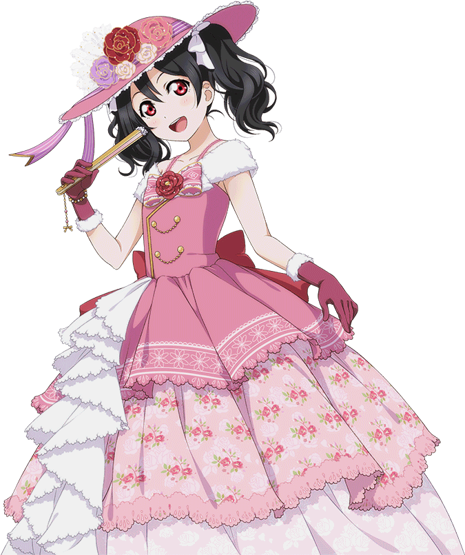 Nico Yazawa 桌布 壁紙 — 一個穿著粉紅色花卉連衣裙和帽子的開朗動漫女孩，在黑色背景下拿著長笛。