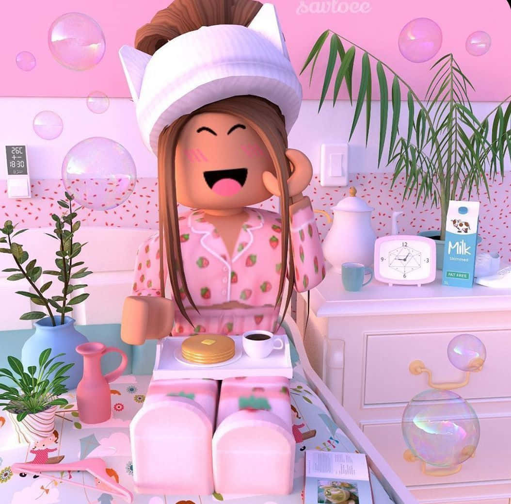 Roblox 桌布 壁紙 — 一個穿著粉紅色草莓睡衣的開心Roblox頭像，在充滿泡泡的粉紅色臥室裡拿著一杯咖啡大笑。