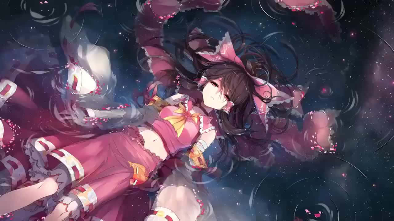 動漫 桌布 壁紙 — 一個穿著粉紅色荷葉邊服裝的年輕動漫女孩，在星空夜空背景下，在旋轉的宇宙花瓣中平靜地漂浮。