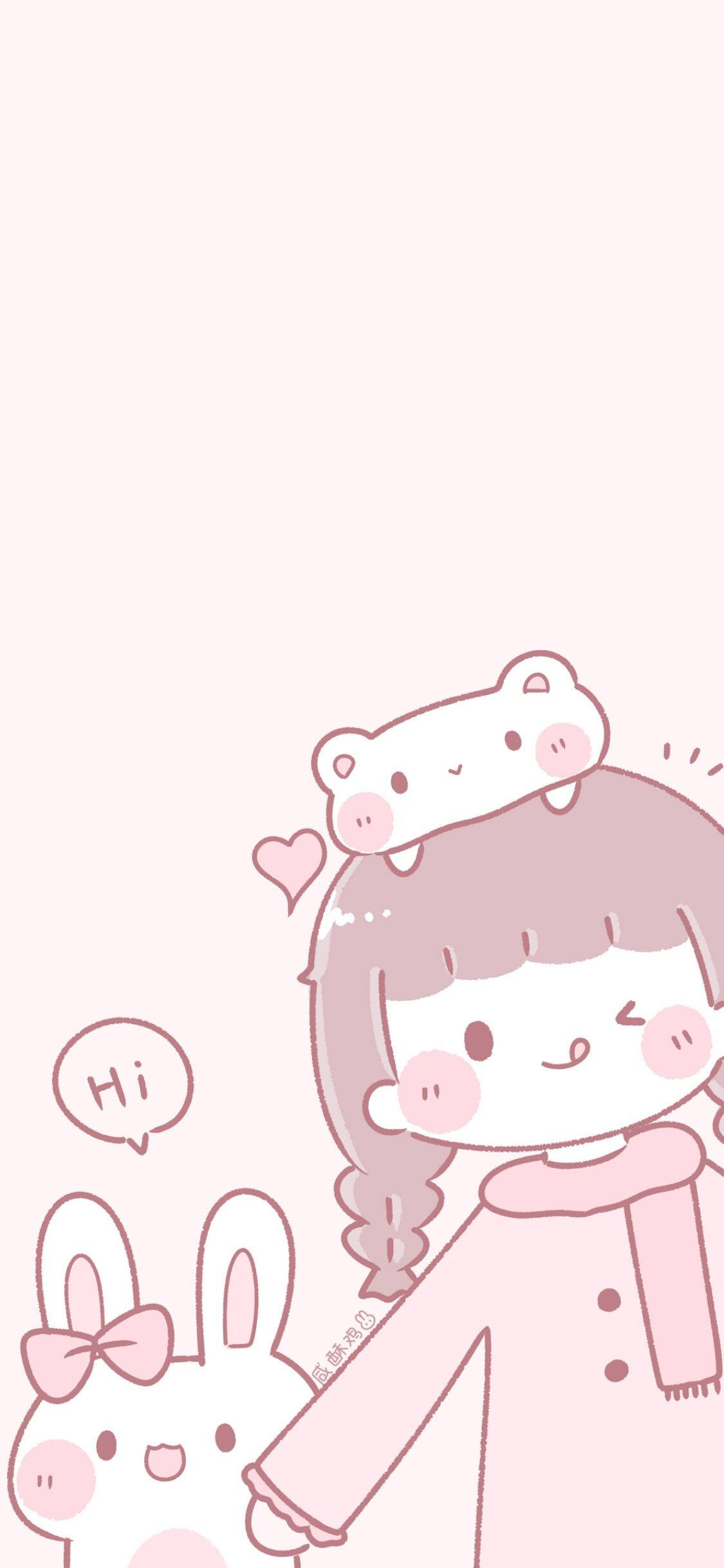 girly pink aesthetic 桌布 壁紙 — 一個穿著粉紅色衣服的可愛女孩與一隻兔子牽手，同時一隻熊坐在她的頭上，背景是柔和的粉紅色。