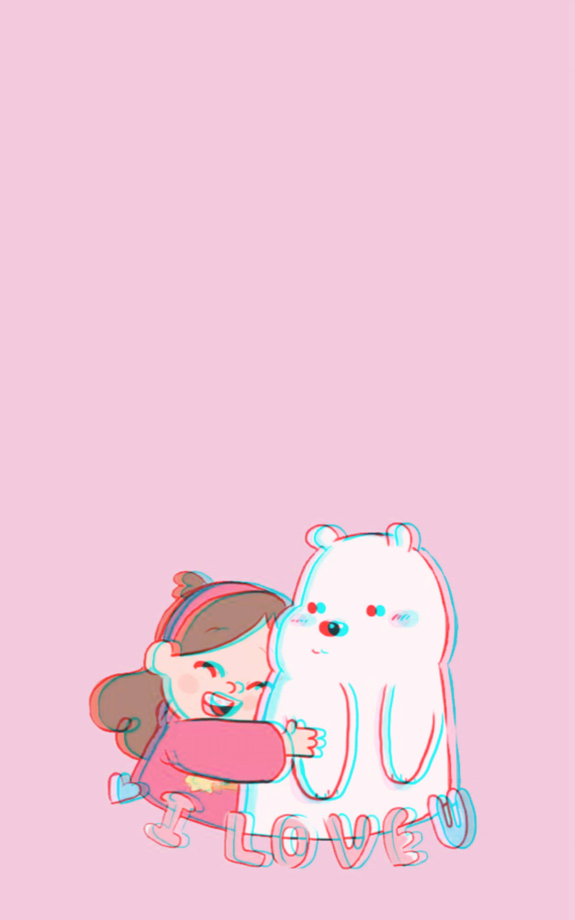 Mabel 桌布 壁紙 — 一個穿著粉紅色衣服的快樂女孩，在柔和的粉紅色背景上擁抱一隻帶有「I LOVE U」文字的白熊。