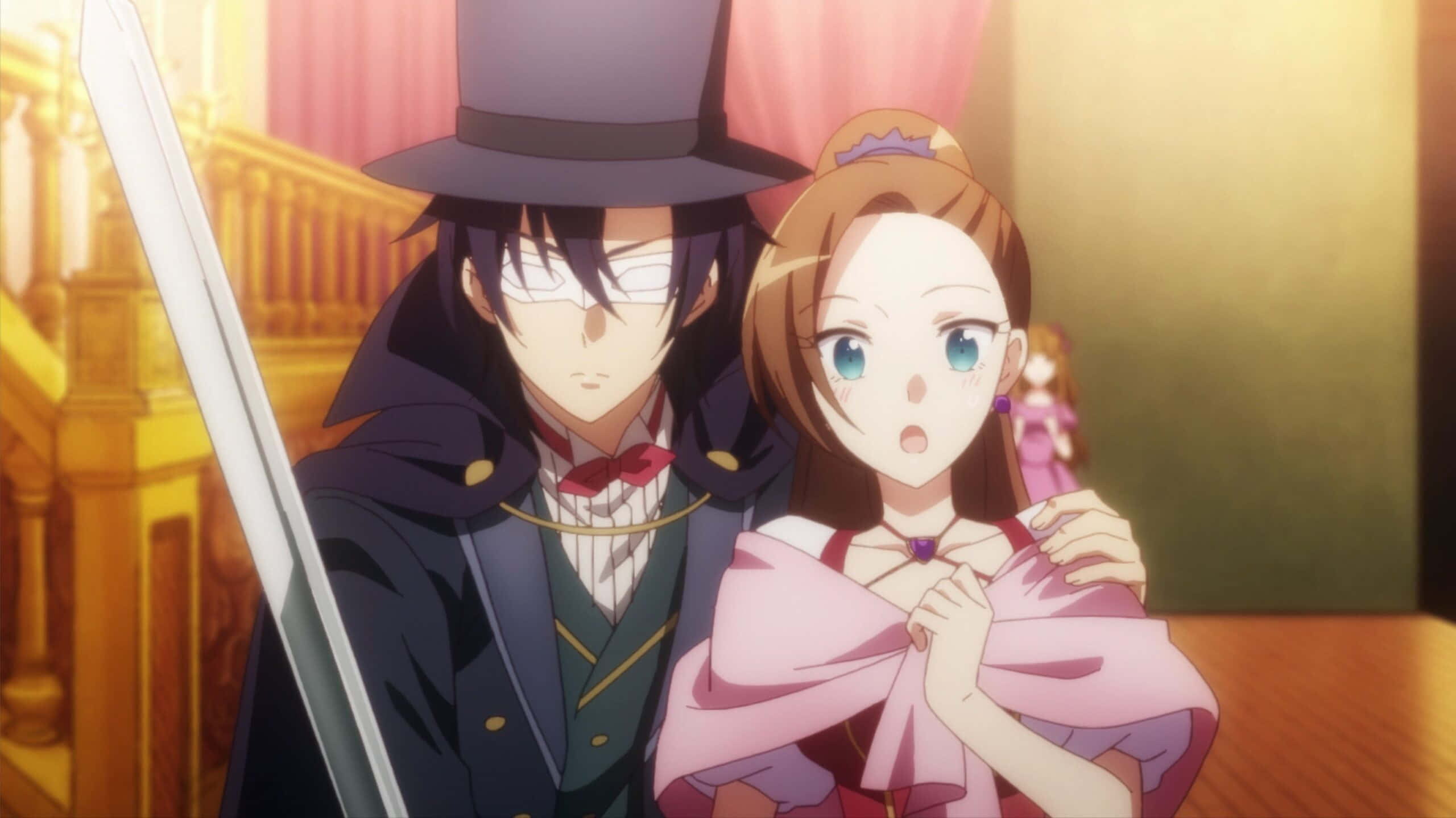My Next Life As A Villainess All Routes Lead To Doom 桌布 壁紙 — 一個穿著粉紅色衣服的驚訝動漫女孩，在溫暖燈光的大廳中被一個戴著高禮帽、手持劍的面具男擁抱。