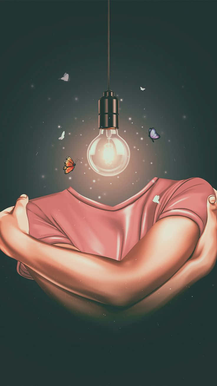 emotion 桌布 壁紙 — 一個穿著粉紅色襯衫的人懷抱著一個發光的燈泡，蝴蝶在周圍飛舞，背景是黑暗的星空。