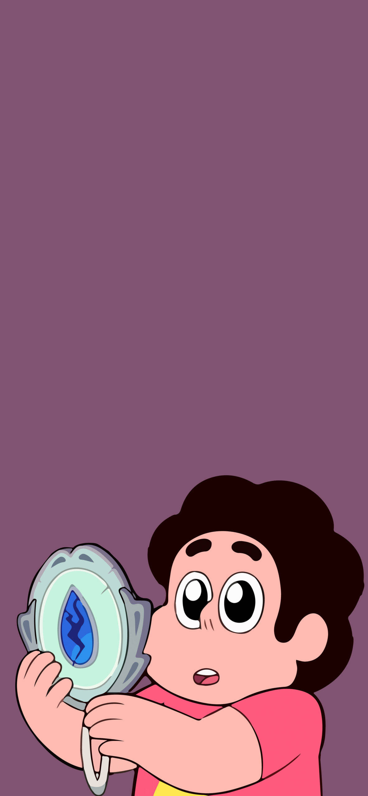 Cartoon 桌布 壁紙 — 一個穿著粉紅色襯衫的卡通男孩，在純紫色背景前，手持一個銀色相框，裡面有一顆發光的藍色寶石。