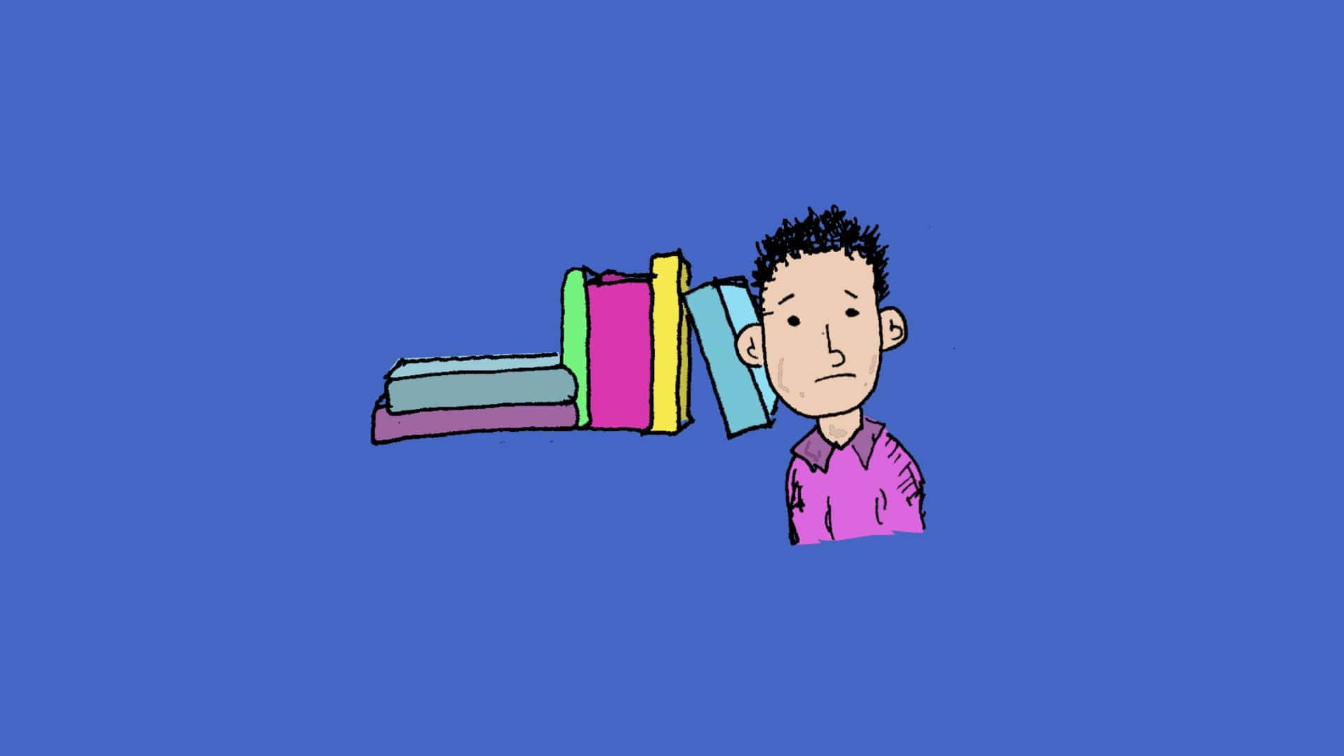 Cartoon 桌布 壁紙 — 一個穿著粉紅色襯衫的卡通男孩，靠在一堆色彩繽紛的書本上，背景是純藍色，看起來很疲倦。