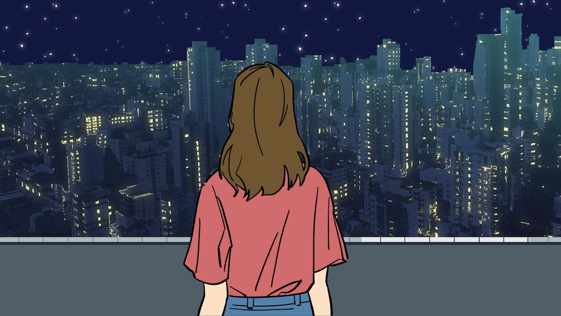 女孩 桌布 壁紙 — 一個穿著粉紅色襯衫的孤獨女人，在星空下的屋頂上凝視著廣闊的城市景觀。
