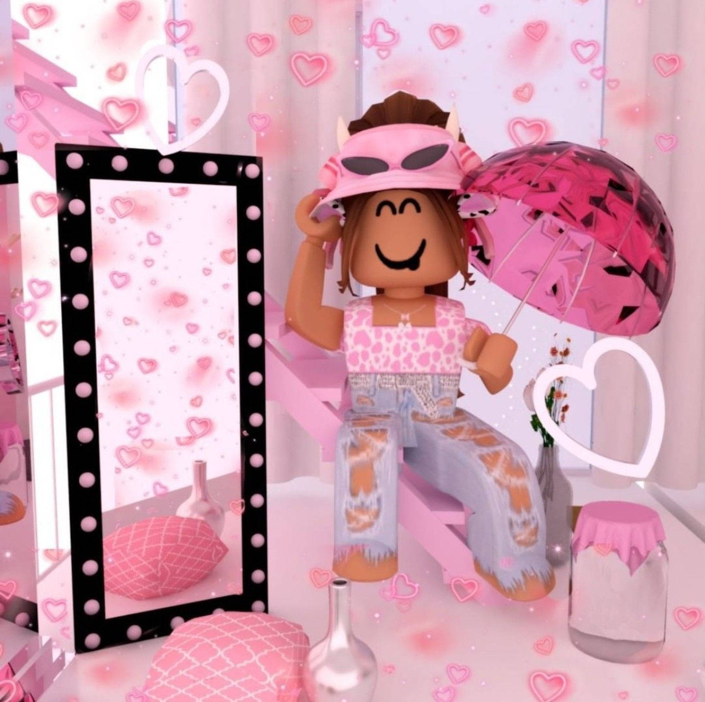 Roblox Pink 桌布 壁紙 — 一個穿著粉紅色豹紋服裝的Roblox虛擬角色坐在粉紅色長椅上，拿著閃閃發光的雨傘，周圍漂浮著心形，在粉彩粉紅色的房間裡。