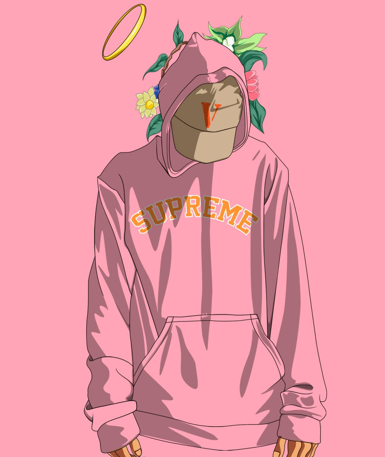supreme 桌布 壁紙 — 一個穿著粉紅色連帽衫、頭戴花冠、帶有光環的風格化人物，站在純粉色背景前。