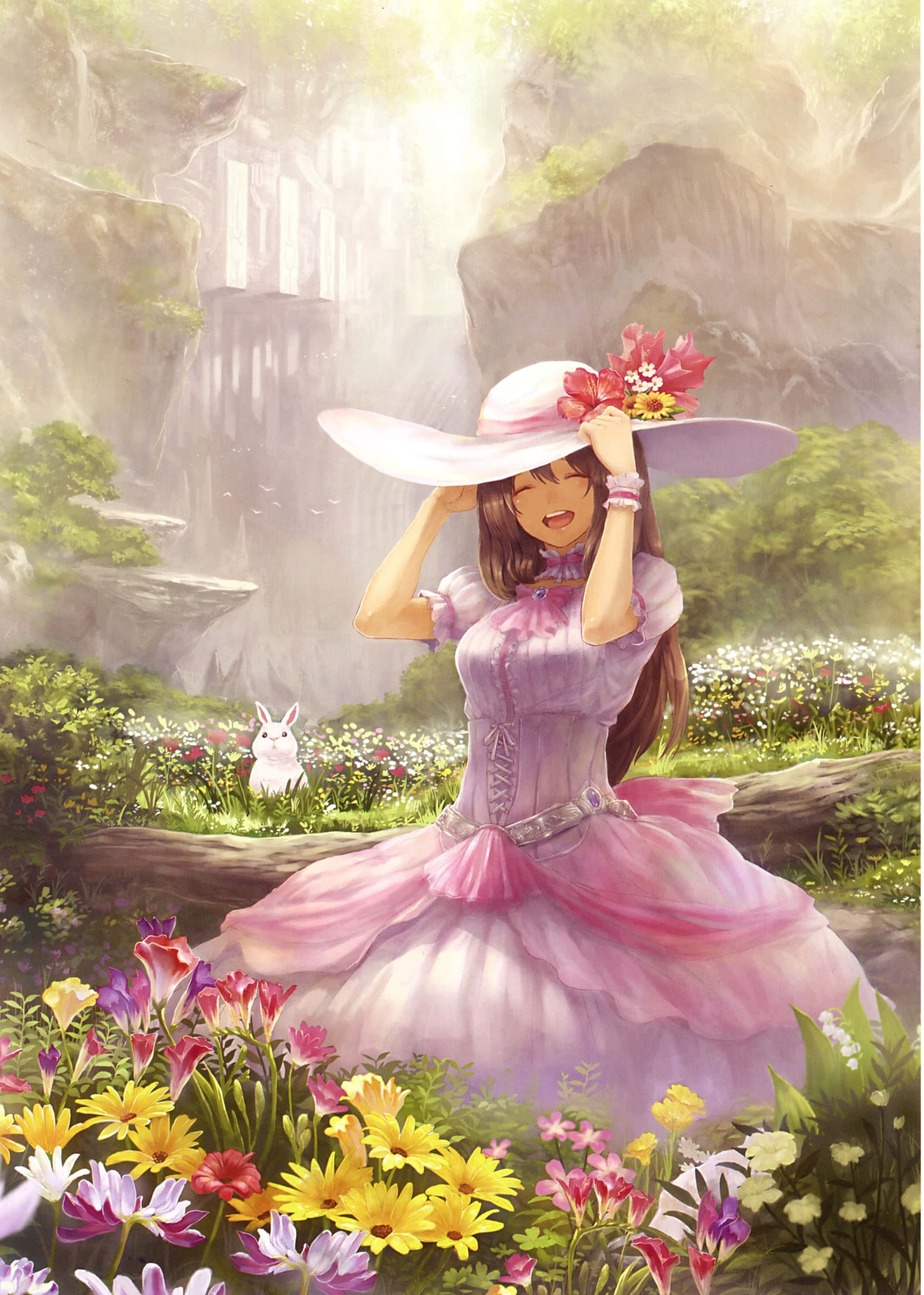 Painting 桌布 壁紙 — 一個穿著粉紅色連衣裙和寬邊帽的快樂動漫女孩，在陽光明媚、色彩繽紛的花田裡大笑，旁邊有一隻白兔。