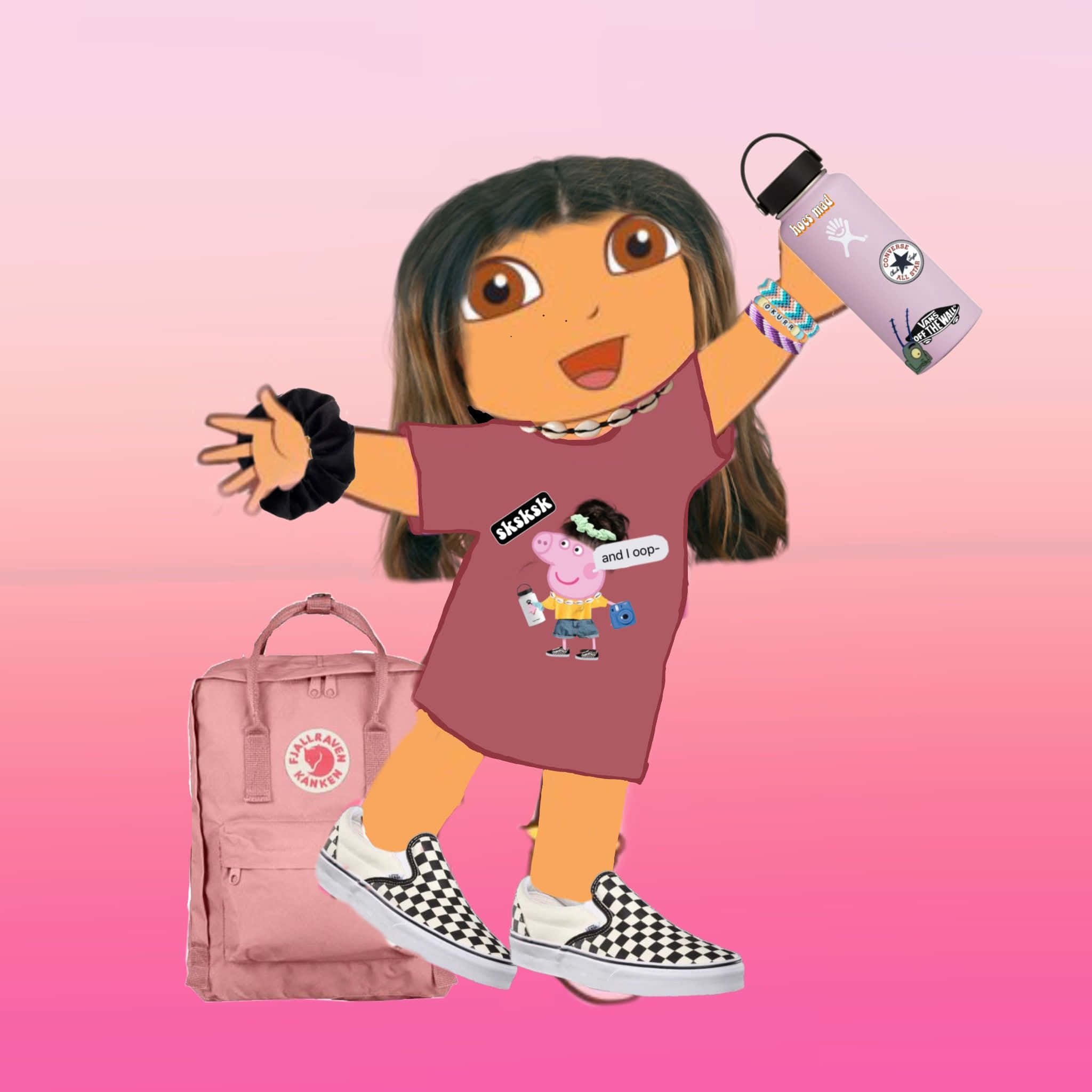 Funny Dora 桌布 壁紙 — 一個穿著粉紅色連衣裙和格子鞋的快樂卡通女孩，在漸變粉紅色背景前，拿著一個水壺，旁邊有一個粉紅色背包。