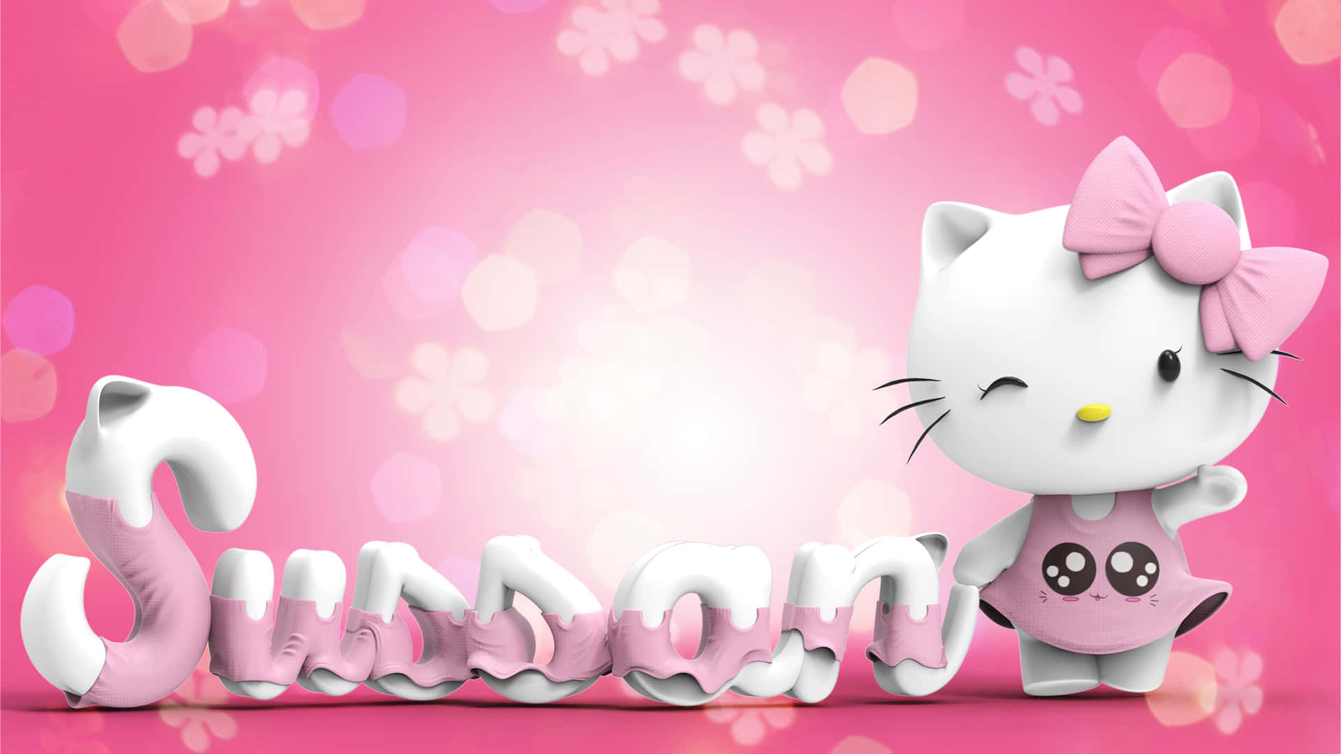 Hello Kitty 桌布 壁紙 — 一個穿著粉紅色連衣裙的3D渲染Hello Kitty角色站在名字'Sussan'旁邊，名字以滴落的粉紅色和白色字母呈現，背景是柔和的粉紅色散景和花卉形狀。