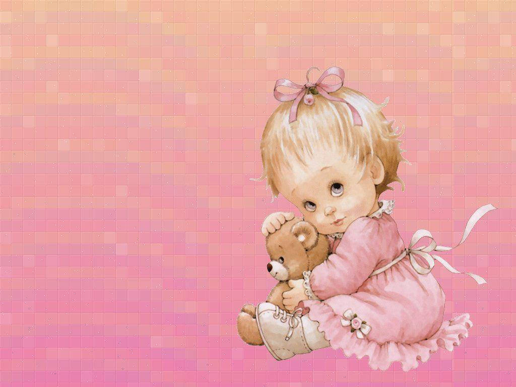 Cute Computer 桌布 壁紙 — 一個穿著粉紅色連衣裙的可愛插圖幼兒，在柔和的粉紅色像素化背景前擁抱泰迪熊。