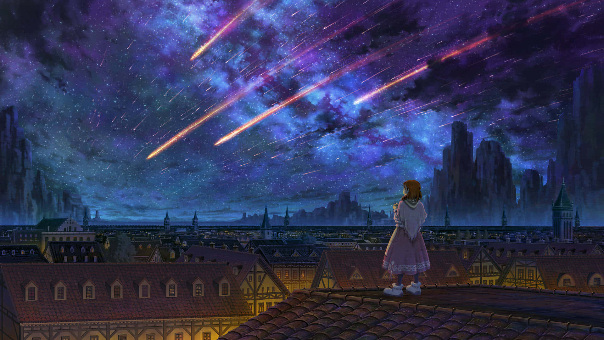 Night Anime 桌布 壁紙 — 一個穿著粉紅色連衣裙的孤獨女孩站在瓷磚屋頂上，凝視著充滿活力的紫色夜空，夜空中有發光的流星劃過，下方是閃爍的歐洲城市景觀。