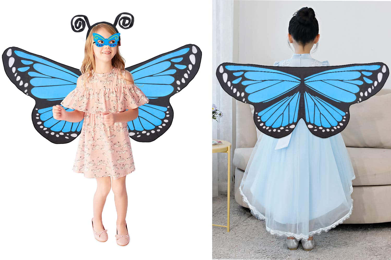 Butterfly Wing Dress 桌布 壁紙 — 一個穿著粉紅色連衣裙的小女孩，戴著一個帶有天線面具的藍黑色大蝴蝶服裝，展示了正面和背面。