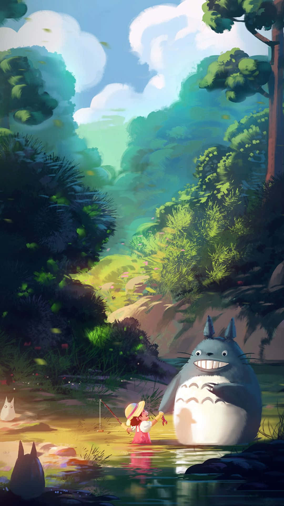 Totoro Aesthetic 桌布 壁紙 — 一個穿著粉紅色連衣裙的小女孩在陽光明媚的森林溪流旁，在一個巨大的微笑龍貓旁邊釣魚。