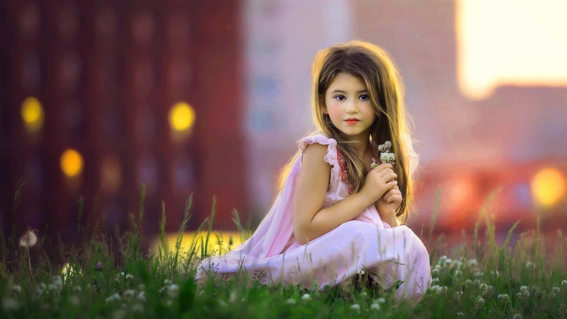 Beautiful Photography 桌布 壁紙 — 一個穿著粉紅色連衣裙的小女孩坐在草地上，手持蒲公英，金色的夕陽灑在她身上。