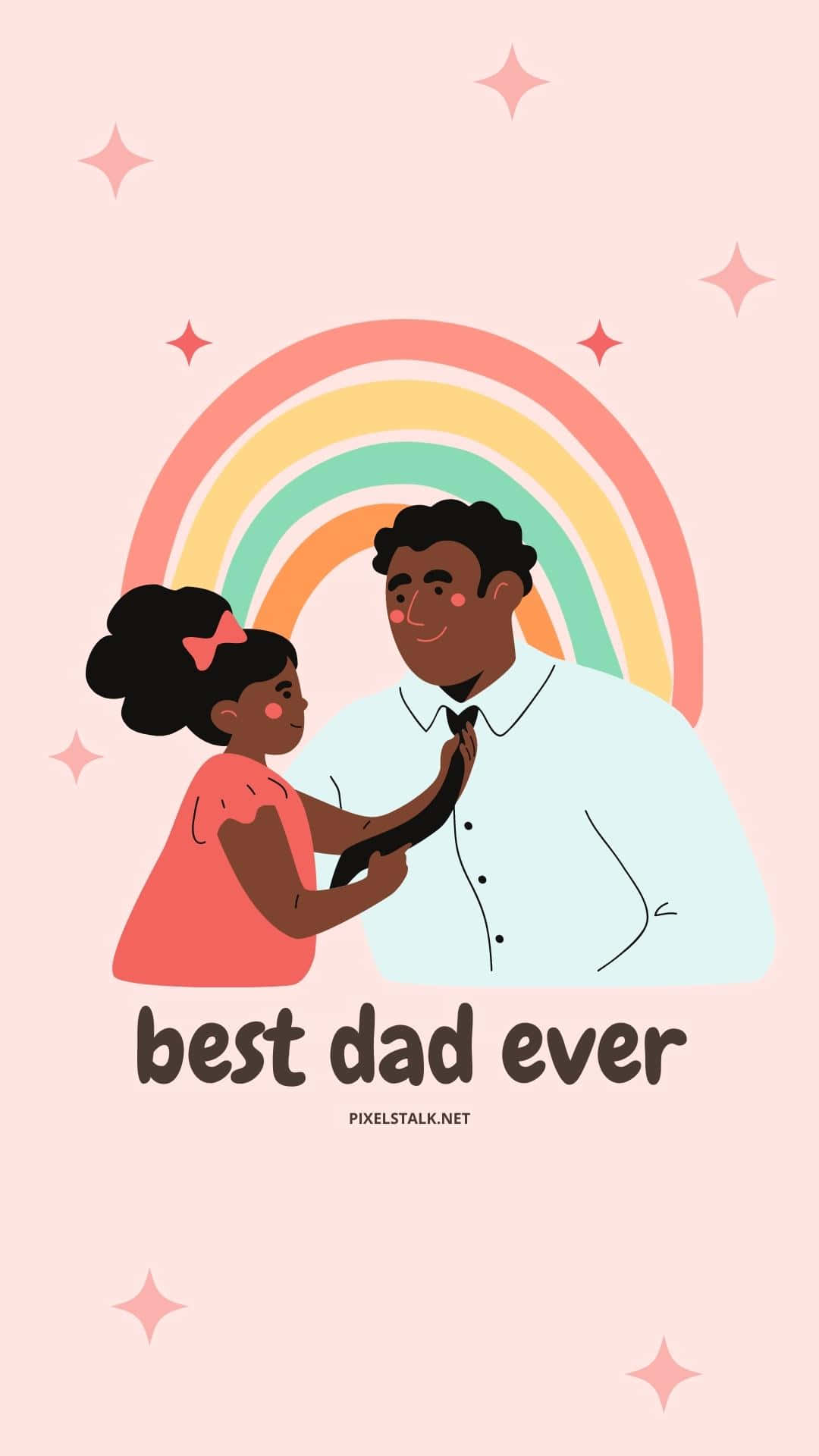Dad 桌布 壁紙 — 一個穿著粉紅色連衣裙的快樂卡通女孩在柔和的粉紅色背景上，在色彩繽紛的彩虹下幫助爸爸調整領帶。