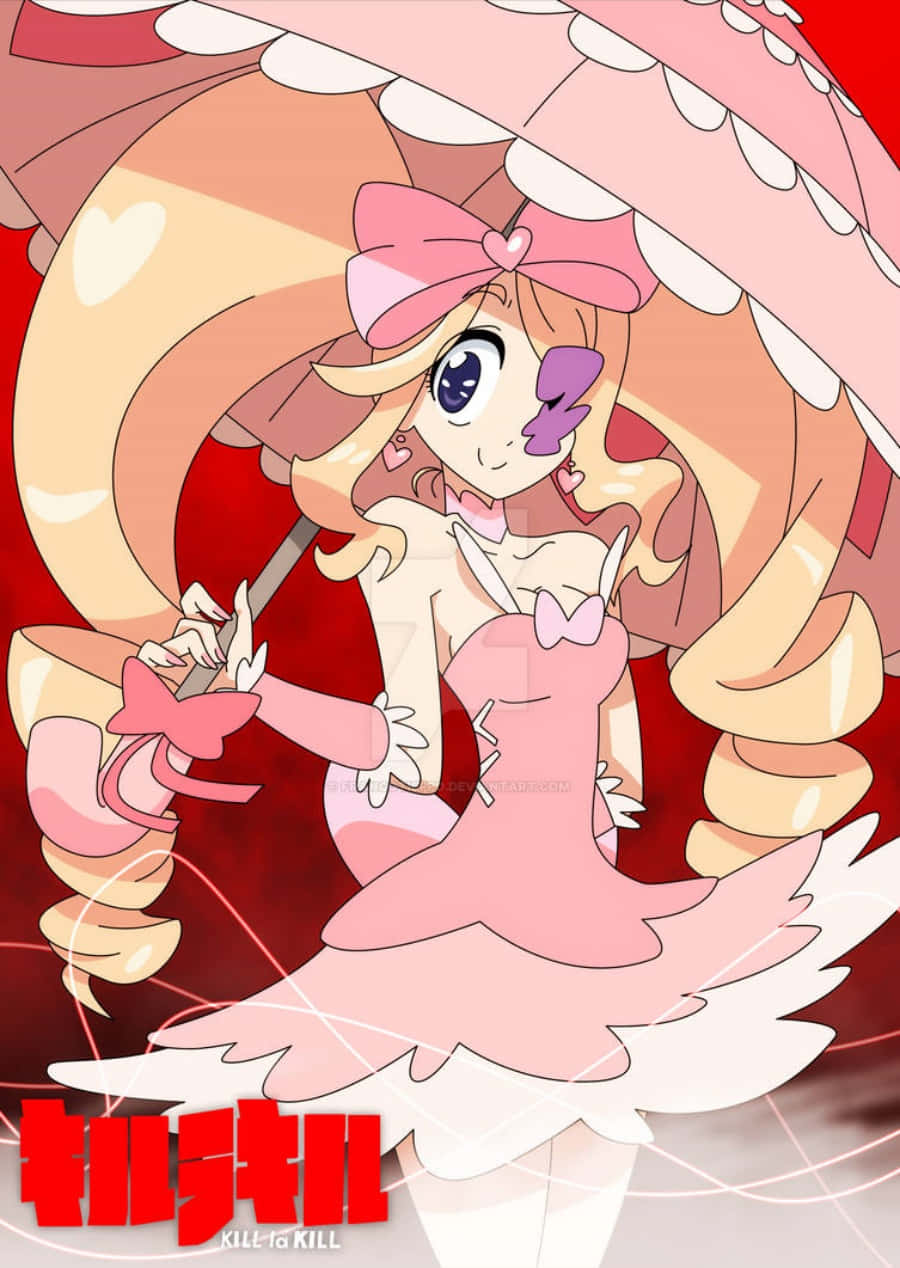 Nui Harime 桌布 壁紙 — 一個穿著粉紅色連衣裙的開朗動漫女孩，在鮮豔的紅色背景前拿著一把巨大的粉紅色陽傘。