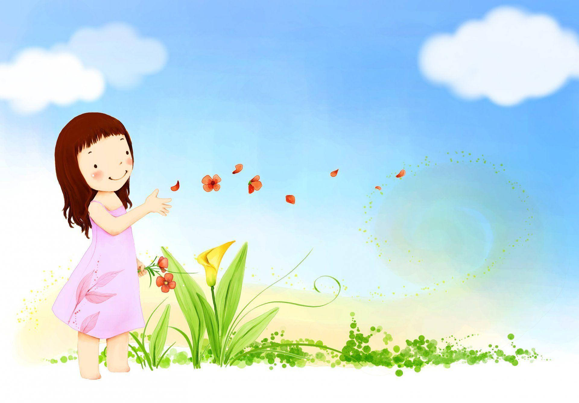 小孩動圖 桌布 壁紙 — 一個穿著粉紅色連衣裙的開朗女孩，輕輕地將橙色花瓣釋放到有 fluffy 雲朵的明亮藍天中。