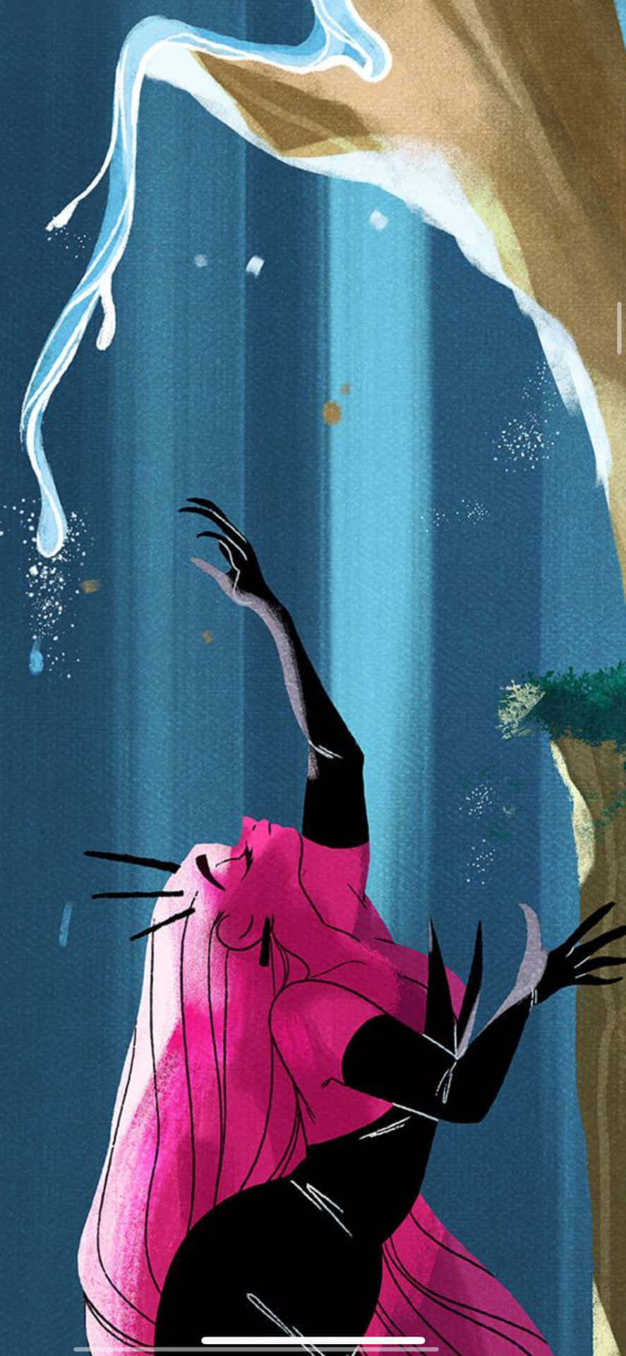 Woman 桌布 壁紙 — 一個穿著粉紅色連衣裙的風格化人物向上伸手，發光的液體從上方流下，背景是深藍色。