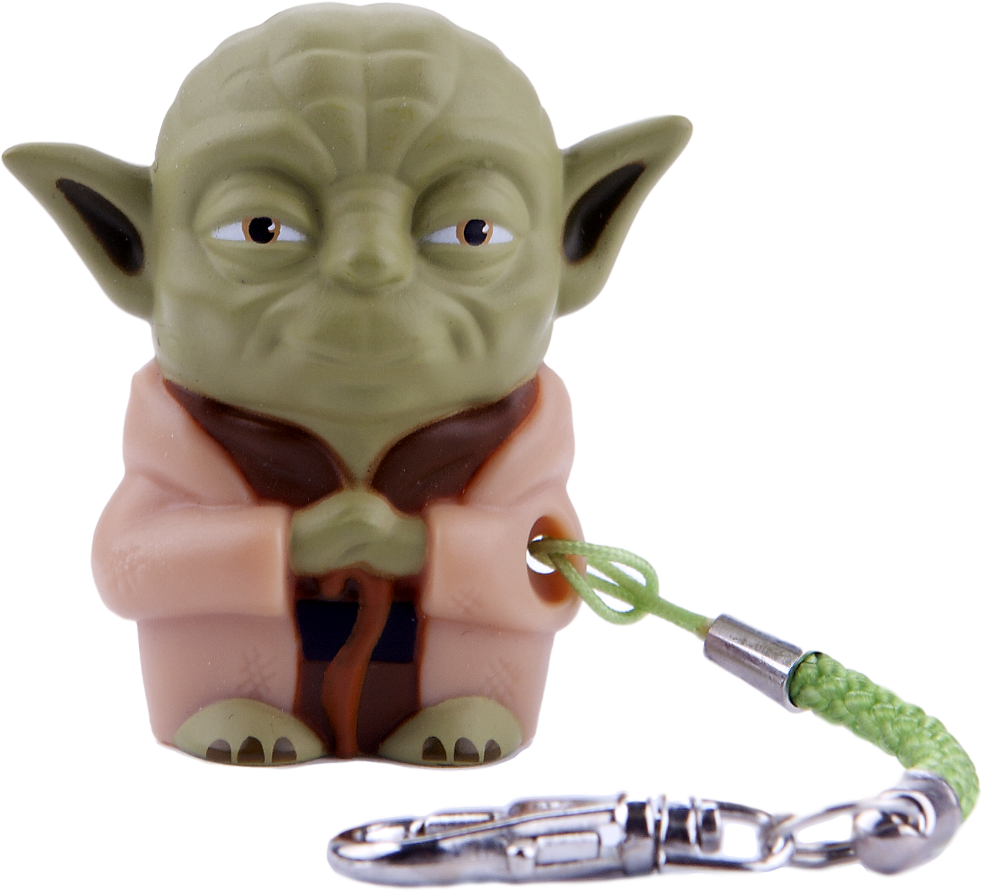 Yoda 桌布 壁紙 — 一個穿著粉紅色長袍的綠色尤達小公仔，手持一個連接到銀色登山扣的綠色光劍柄，背景為黑色。