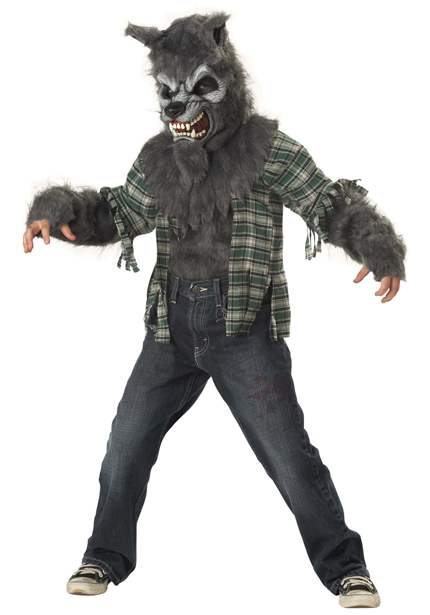 Werewolf Costumes 桌布 壁紙 — 一個穿著精細狼人服裝、帶有灰色毛髮、牙齒和爪子的孩子，在白色背景前擺姿勢。