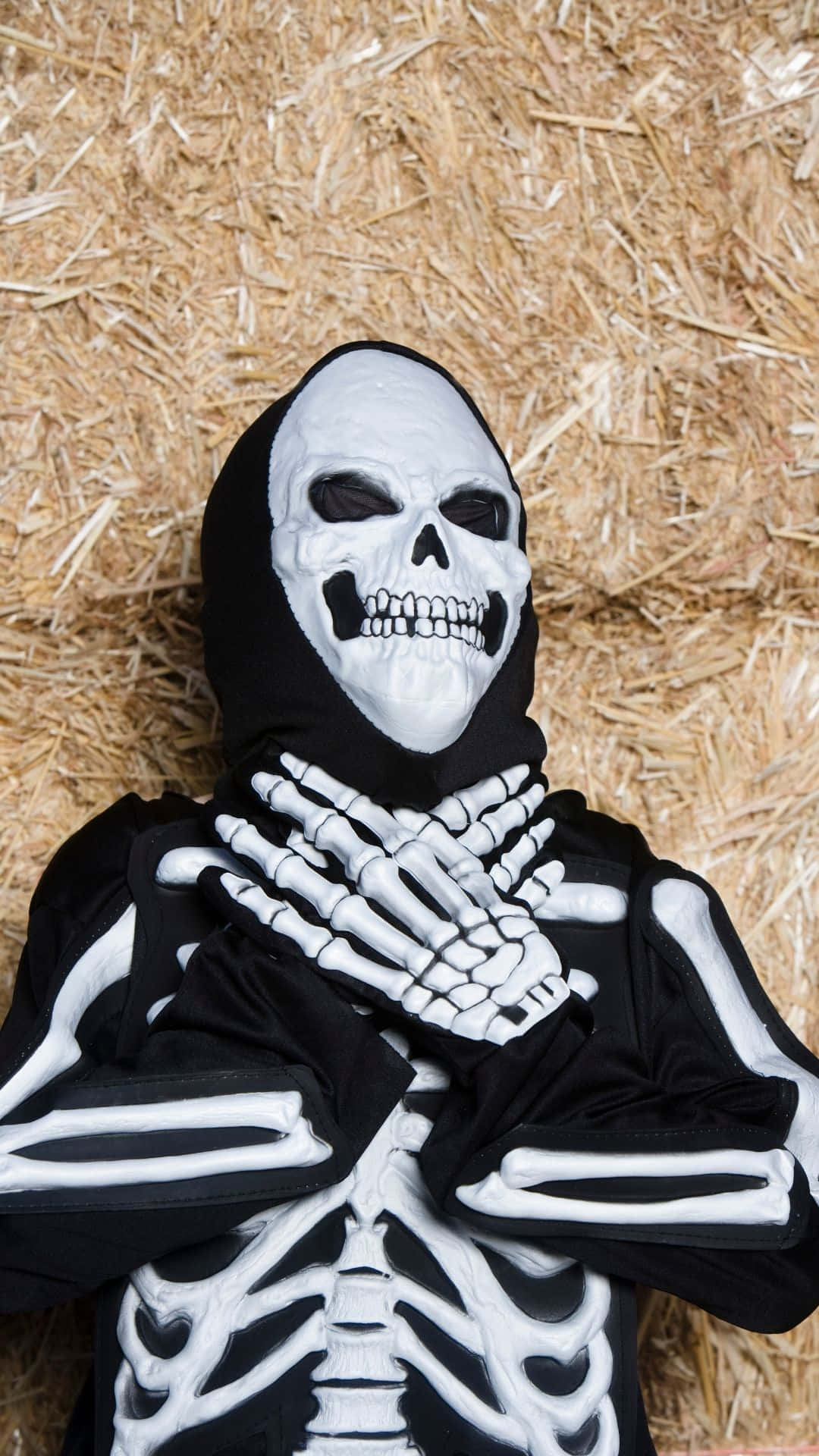 Skeleton Costumes 桌布 壁紙 — 一個穿著精細骷髏服裝、戴著兜帽的人躺在稻草捆上，雙手交疊在胸前。