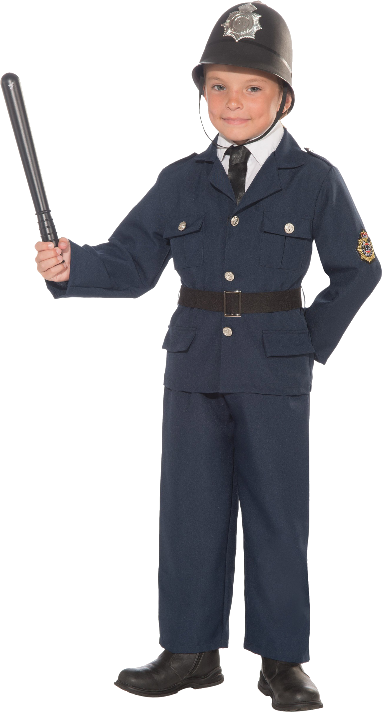 警察 桌布 壁紙 — 一個穿著精緻復古警察制服的小男孩，手持警棍，在純色背景前自信地微笑。