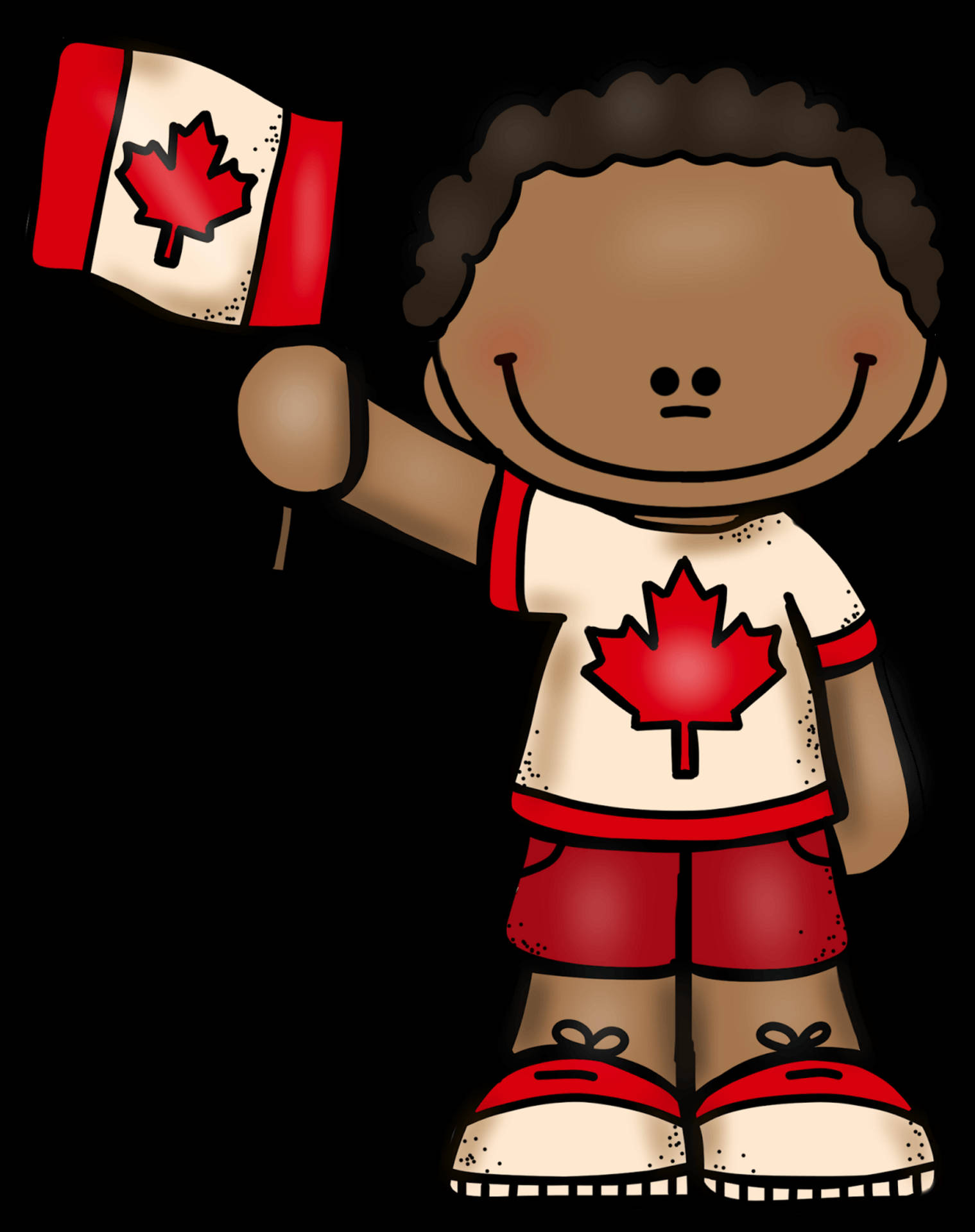 Canada Day 桌布 壁紙 — 一個穿著紅白加拿大服裝的歡樂卡通小孩，在黑色背景前自豪地揮舞加拿大國旗。