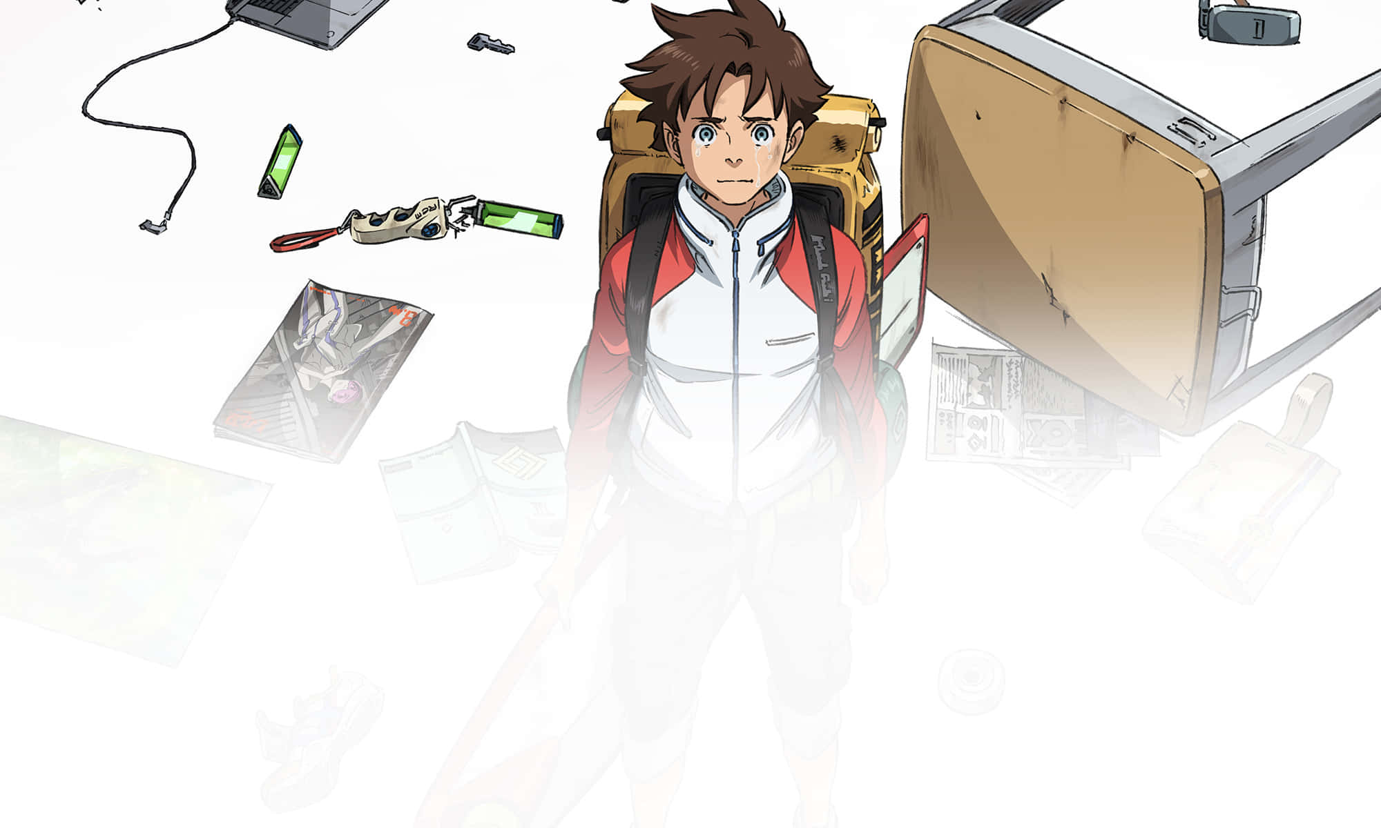 Eureka Seven 桌布 壁紙 — 一個穿著紅白外套的年輕動漫男孩，站在純白色背景前，被漂浮的科技小工具包圍。