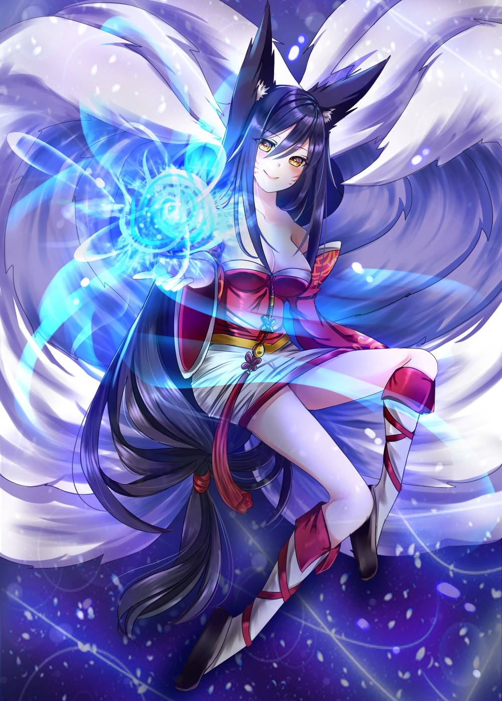 阿璃 桌布 壁紙 — 一個穿著紅白服飾、擁有狐狸耳朵的動漫女孩，在旋轉的藍色能量和紫色翅膀中漂浮。