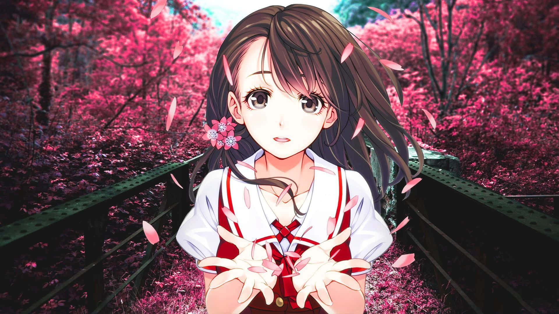 動漫 桌布 壁紙 — 一個穿著紅白校服的年輕動漫女孩站在橋上，粉紅色的櫻花在充滿活力的森林中圍繞著她旋轉。