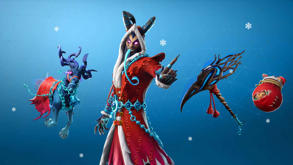 Krampus 桌布 壁紙 — 一個穿著紅白色節日服裝的Fortnite節日角色，在雪藍色背景前手持魔法武器擺姿勢。