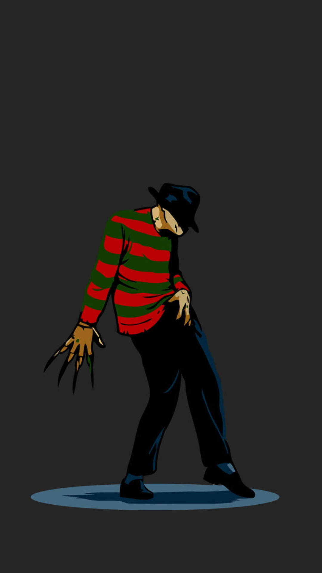 Freddy 桌布 壁紙 — 一個穿著紅綠條紋毛衣、戴黑帽、有爪手的威脅性卡通人物，站在藍色聚光燈下，背景為深灰色。