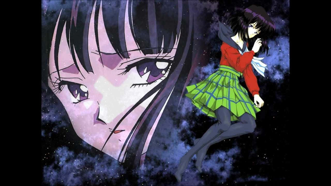 Sailor Saturn 桌布 壁紙 — 一個穿著紅色上衣和綠色格紋裙的年輕動漫女孩，在佈滿星星的紫色星雲旁，漂浮在一個巨大的宇宙面孔旁邊。
