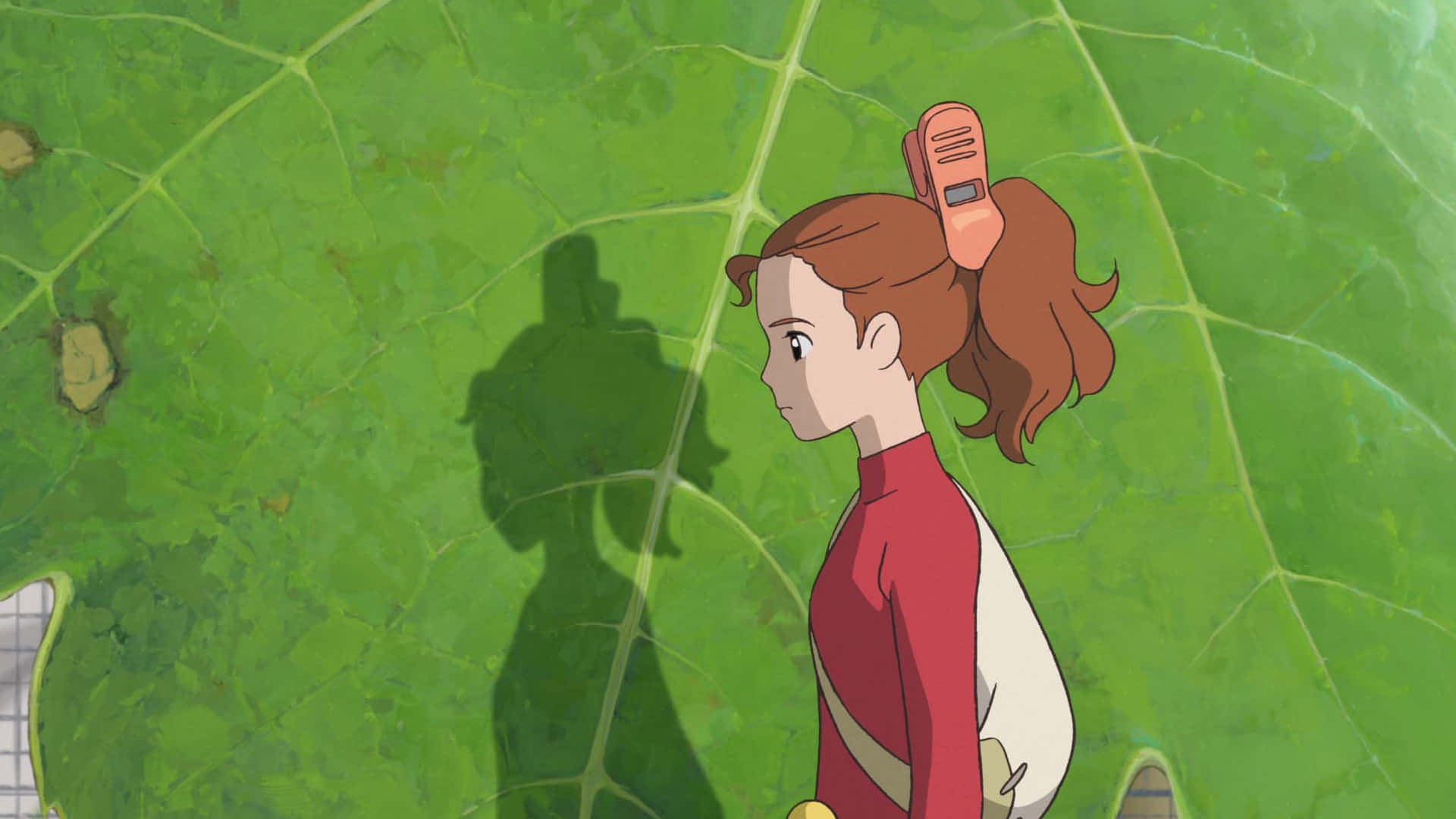 The Secret World Of Arrietty 桌布 壁紙 — 一個穿著紅色上衣的小女孩站在一片巨大的綠色葉子上，她的影子投射在旁邊。