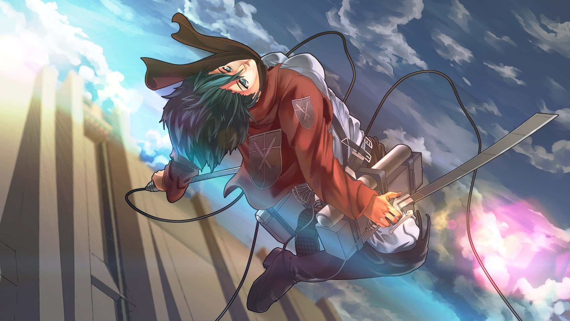 Mikasa Ackerman 桌布 壁紙 — 一個穿著紅色制服的動漫角色，在明亮的天空中，帶著劍和裝備，在高聳的建築物和發光的雲層背景下翱翔。