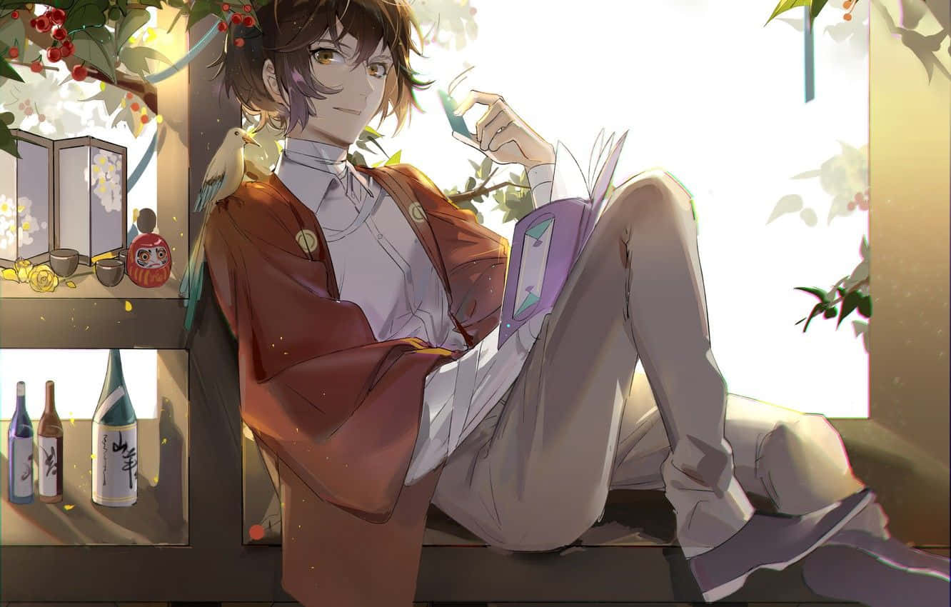 動漫男孩 桌布 壁紙 — 一個穿著紅色和服的年輕動漫男孩坐在窗邊看書，肩上棲著一隻鳥。