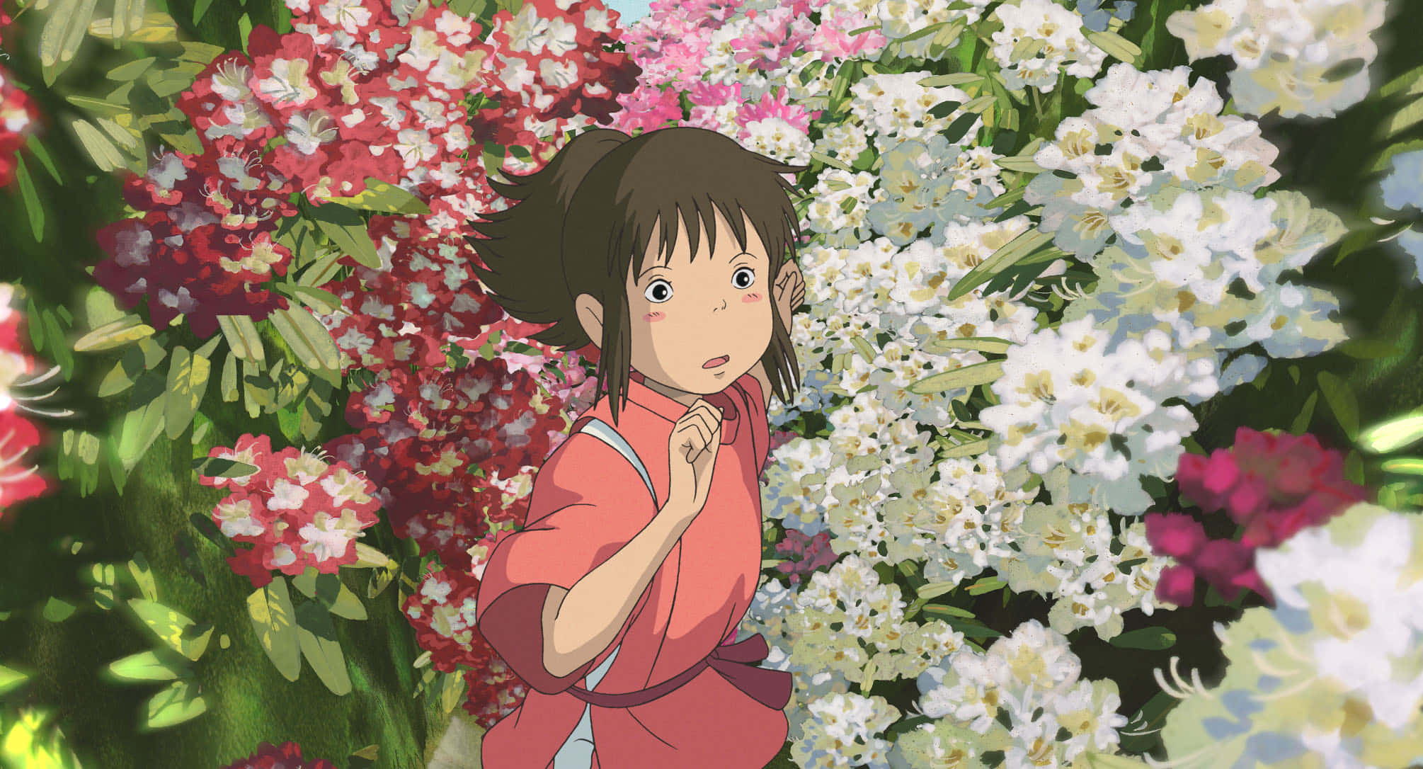 神隱少女 桌布 壁紙 — 一個穿著紅色和服的年輕女孩在明亮的日光下，驚訝地站在鮮豔的粉紅色和白色花叢中。