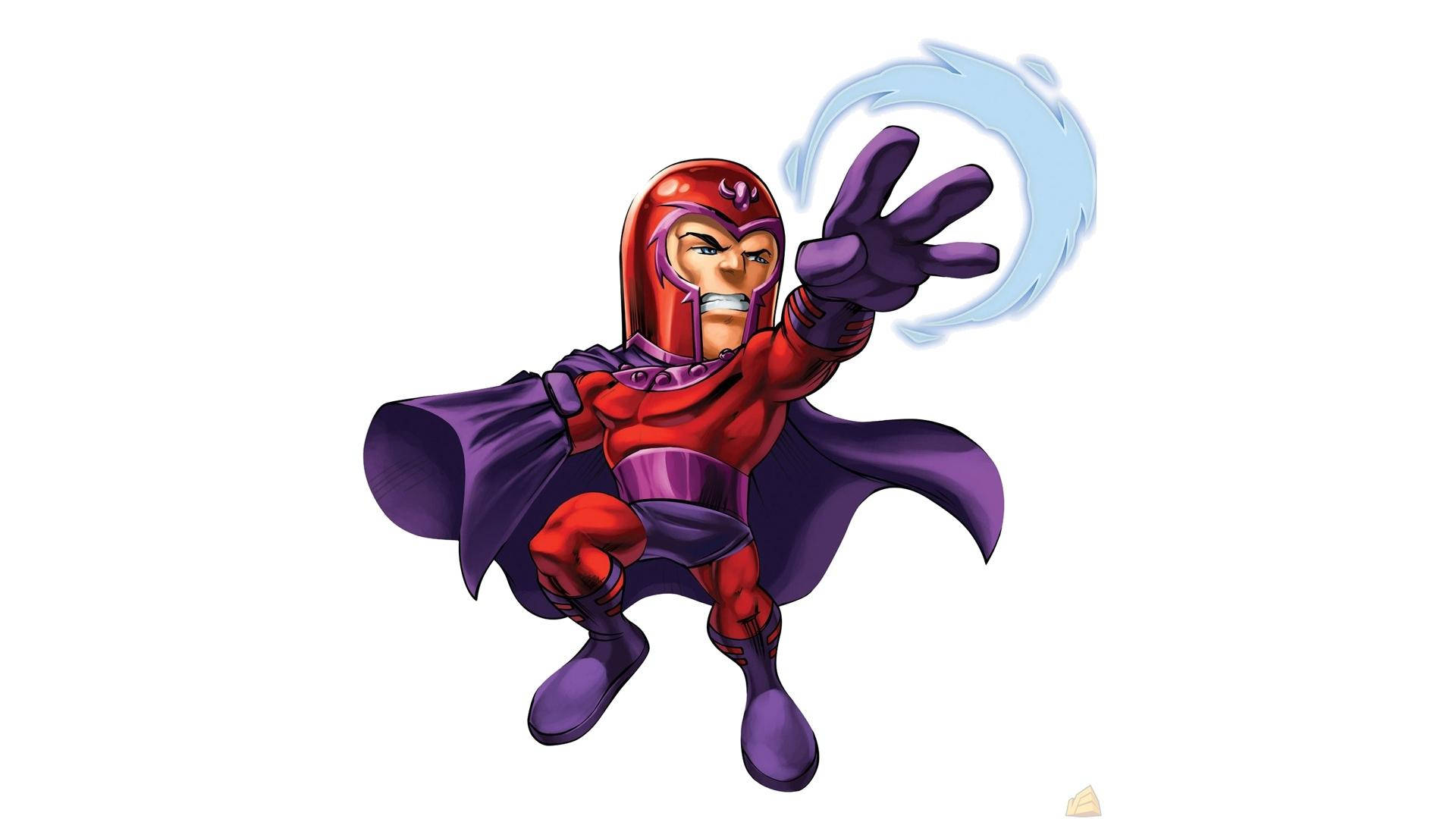 Magneto 桌布 壁紙 — 一個穿著紅色和紫色服裝的卡通萬磁王從他伸出的手引導藍色磁能。