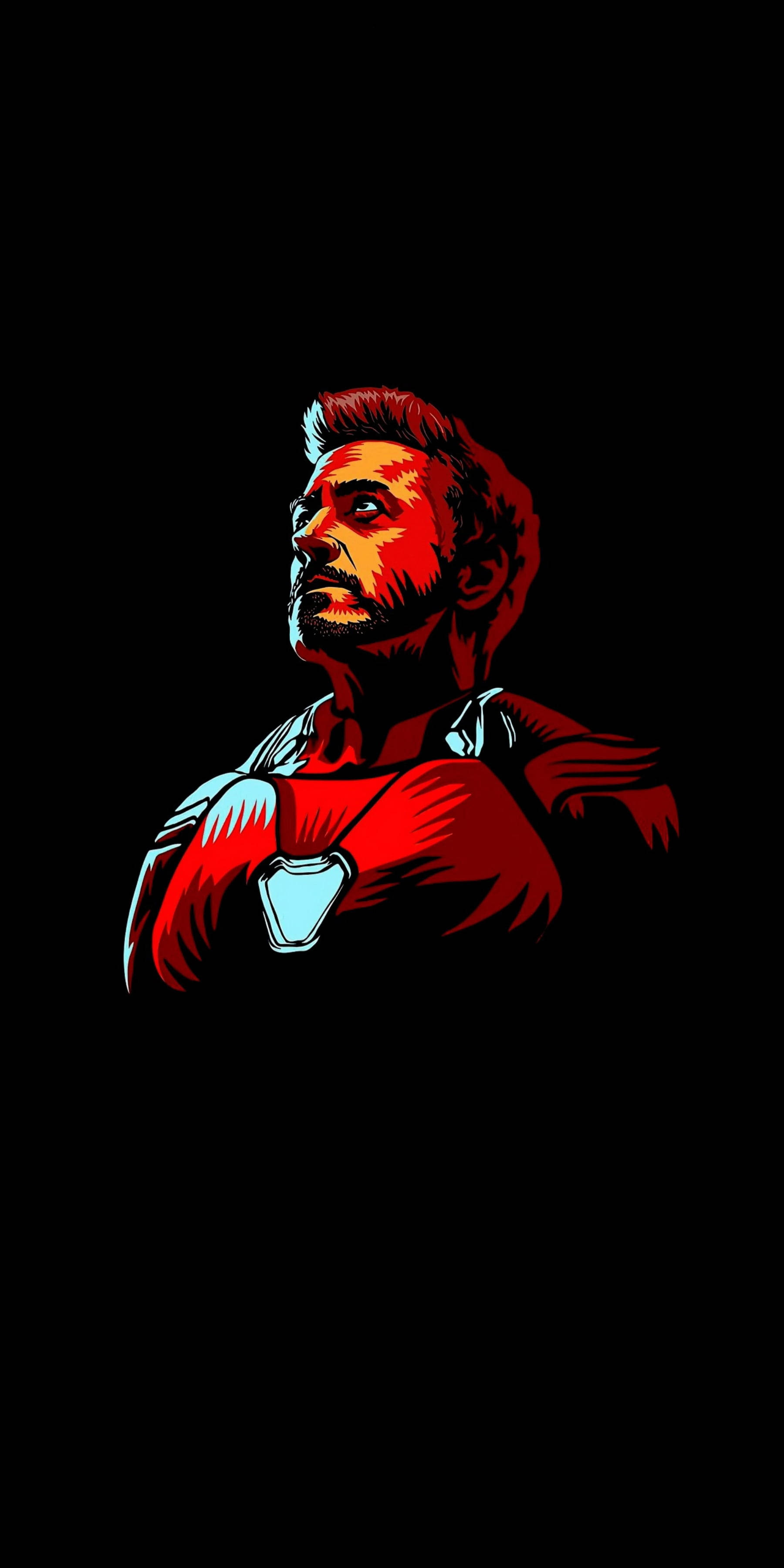 tony stark 桌布 壁紙 — 一個穿著紅色和藍色盔甲的男人在黑色背景上帶有戲劇性光線的風格化插圖。