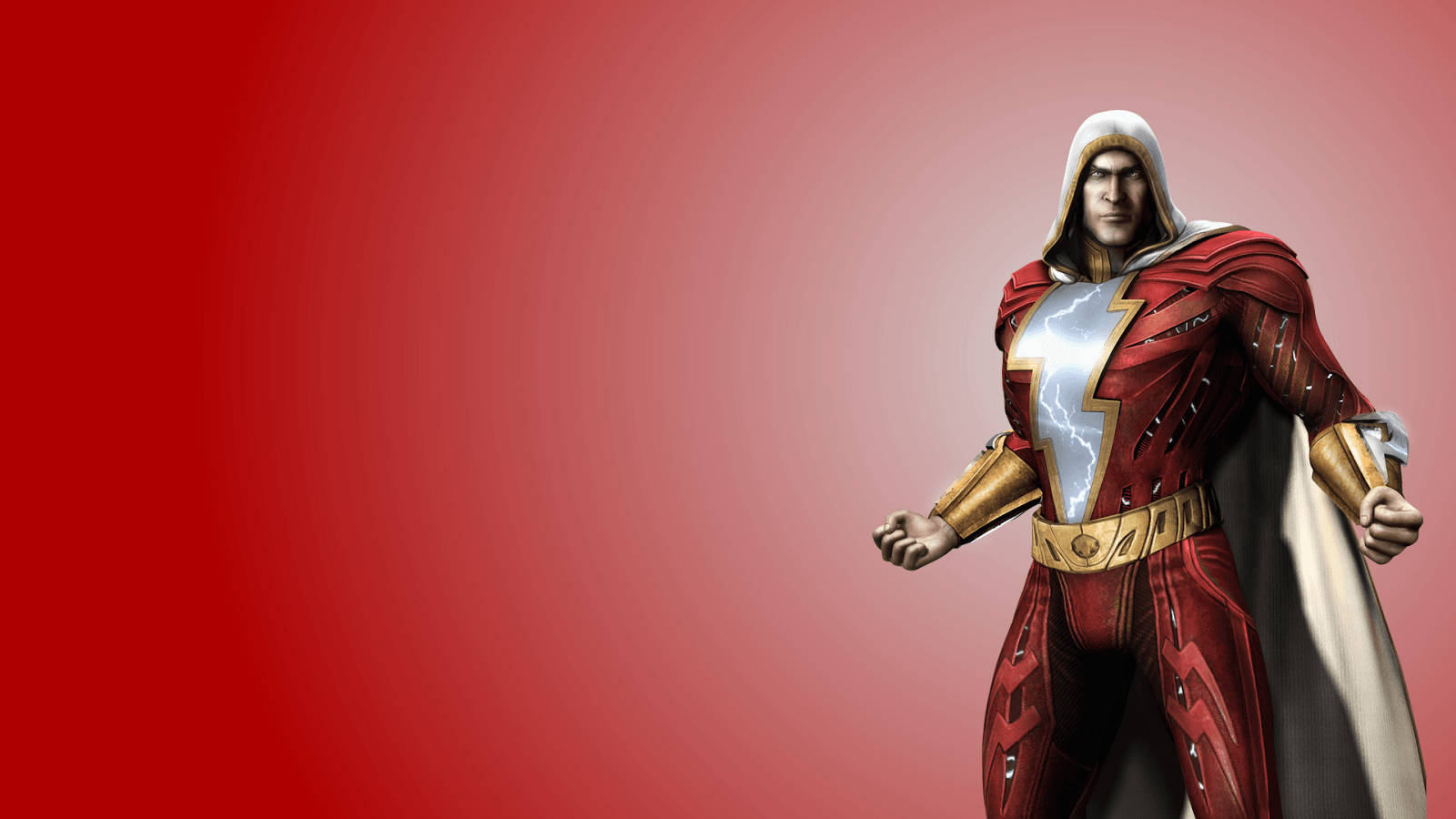Shazam 桌布 壁紙 — 一個穿著紅色和金色套裝、帶有閃電標誌的超級英雄自信地站在紅色漸變背景前。