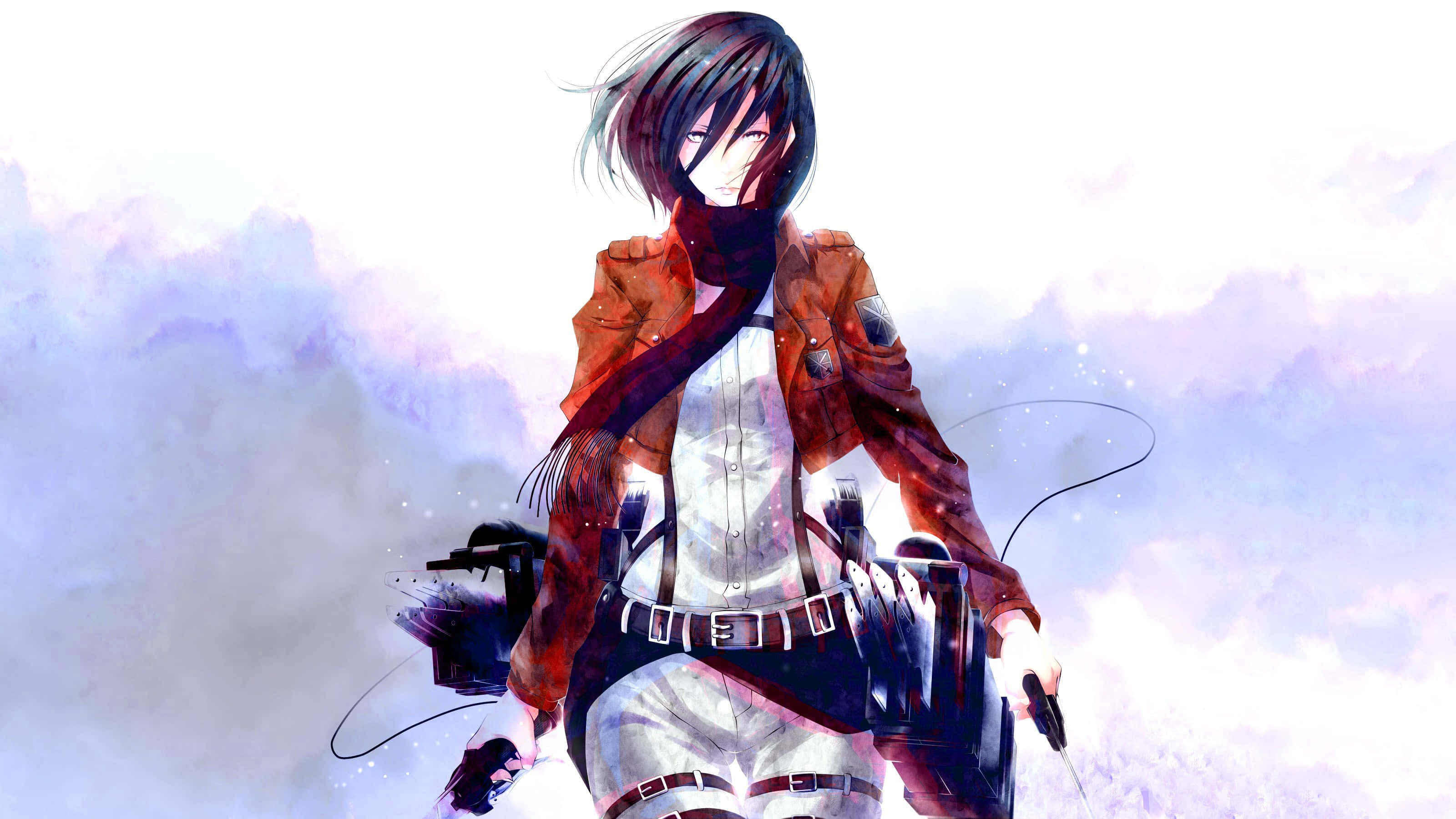 Mikasa Ackerman 桌布 壁紙 — 一個穿著紅色外套和圍巾的動漫女孩，在柔和的紫色和白色雲天中手持武器站立。