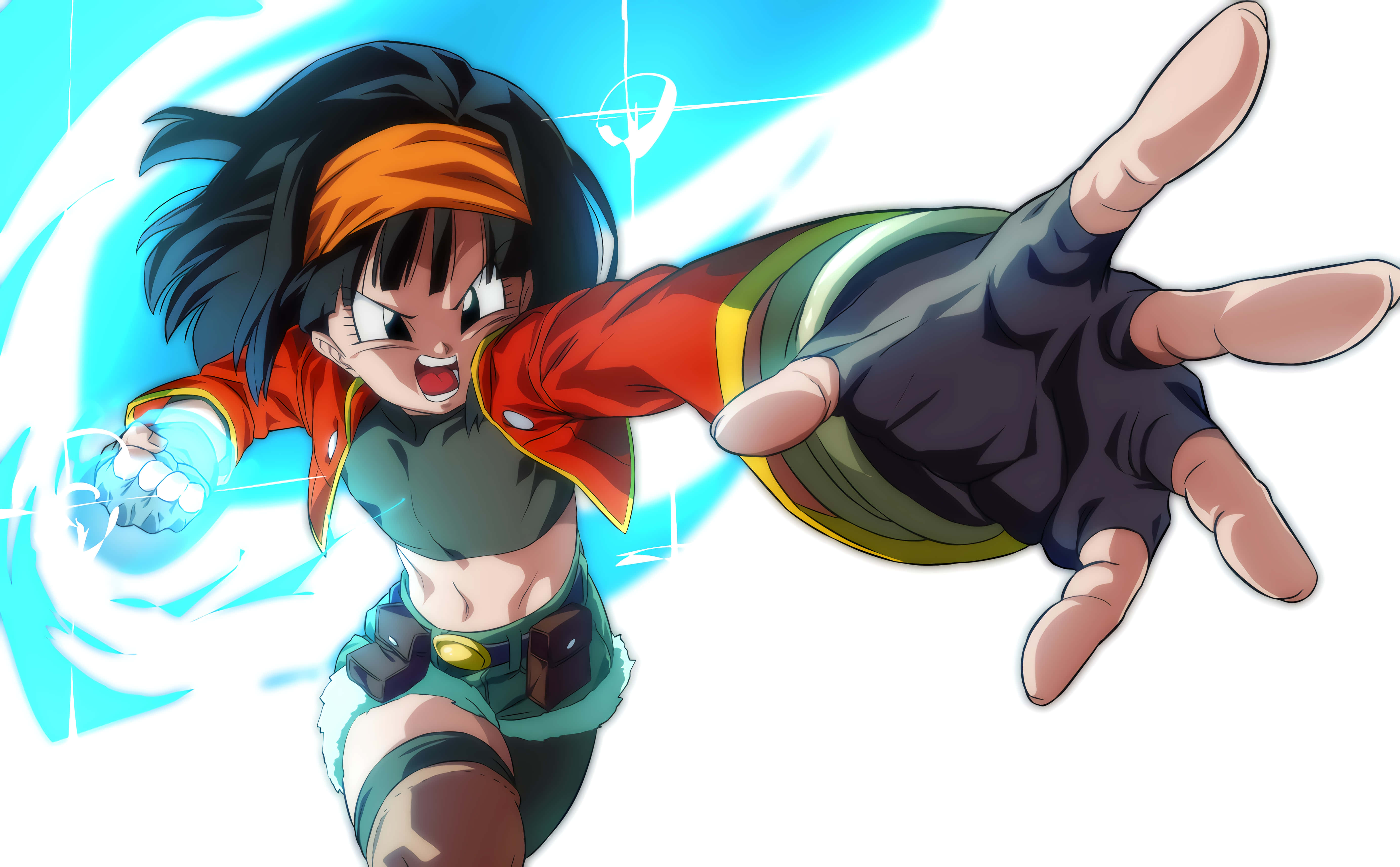 Dragon Ball Heroes 桌布 壁紙 — 一個穿著紅色外套和橙色頭帶的兇猛動漫女孩向前出拳，藍色發光能量在她周圍旋轉。