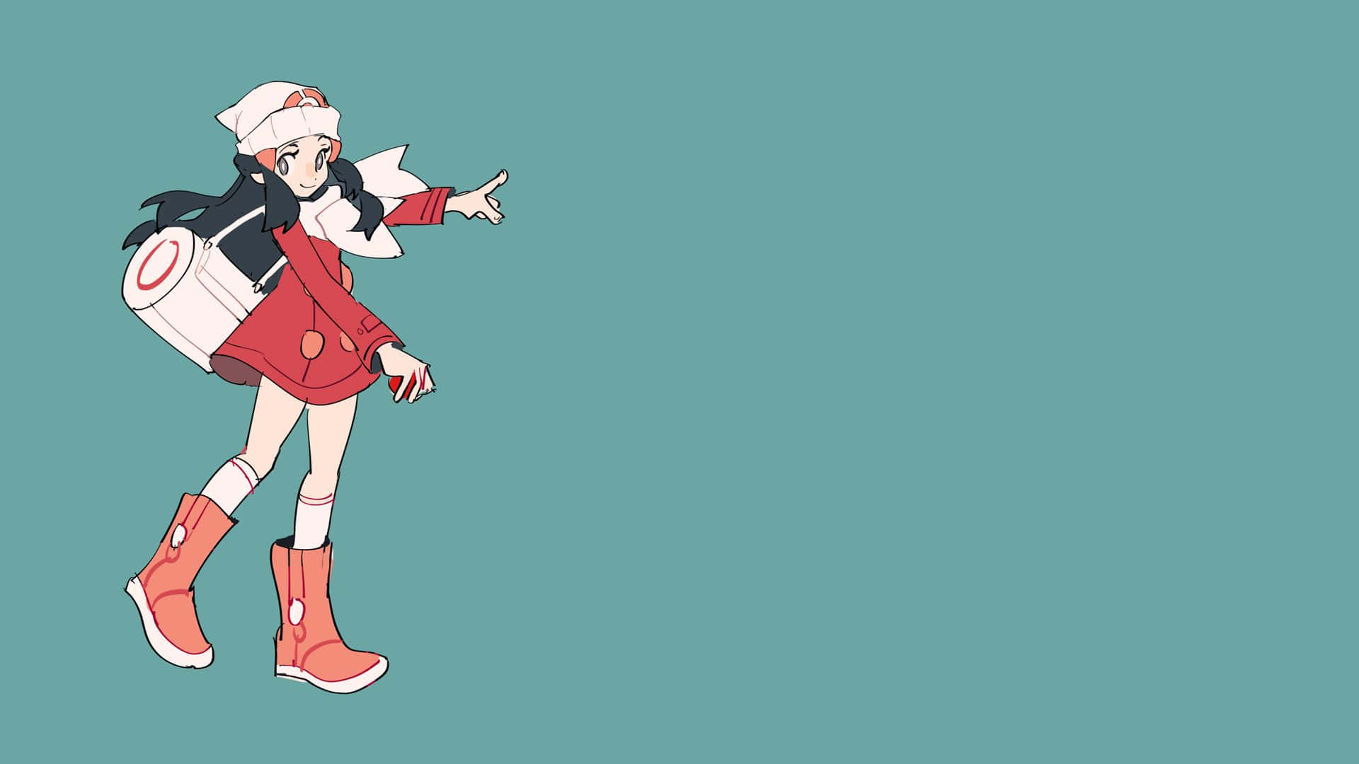 Pokemon Characters 桌布 壁紙 — 一個穿著紅色外套和白色帽子的開朗動漫女孩，在純青色背景前指向前方。