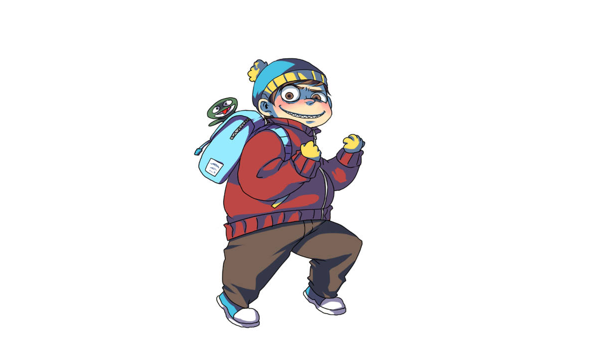 Cartman 桌布 壁紙 — 一個穿著紅色外套和藍色毛帽的開朗動畫男孩，背著微笑的背包跳舞。